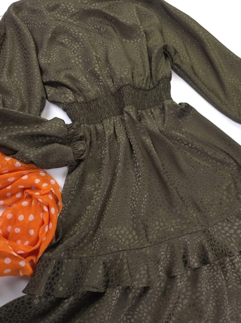 Emma & Michelle Olive Green Ruffled Waist Smocked Dress Sz PS - Picture 13 of 13
